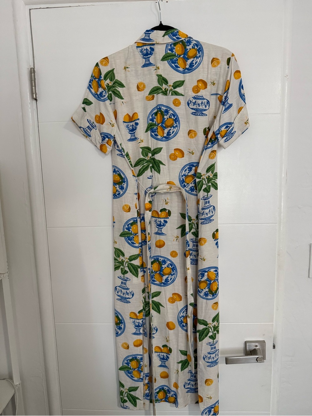 Linen Button-Front Maxi Dress with Citrus & Blue Urn Print - Picture 2 of 5